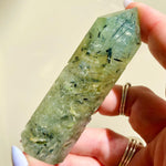 Load image into Gallery viewer, Tourmalinated Prehnite Point - Ruby's Minerals