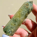 Load image into Gallery viewer, Tourmalinated Prehnite Point - Ruby's Minerals