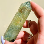 Load image into Gallery viewer, Tourmalinated Prehnite Point - Ruby's Minerals
