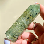 Load image into Gallery viewer, Tourmalinated Prehnite Point - Ruby's Minerals