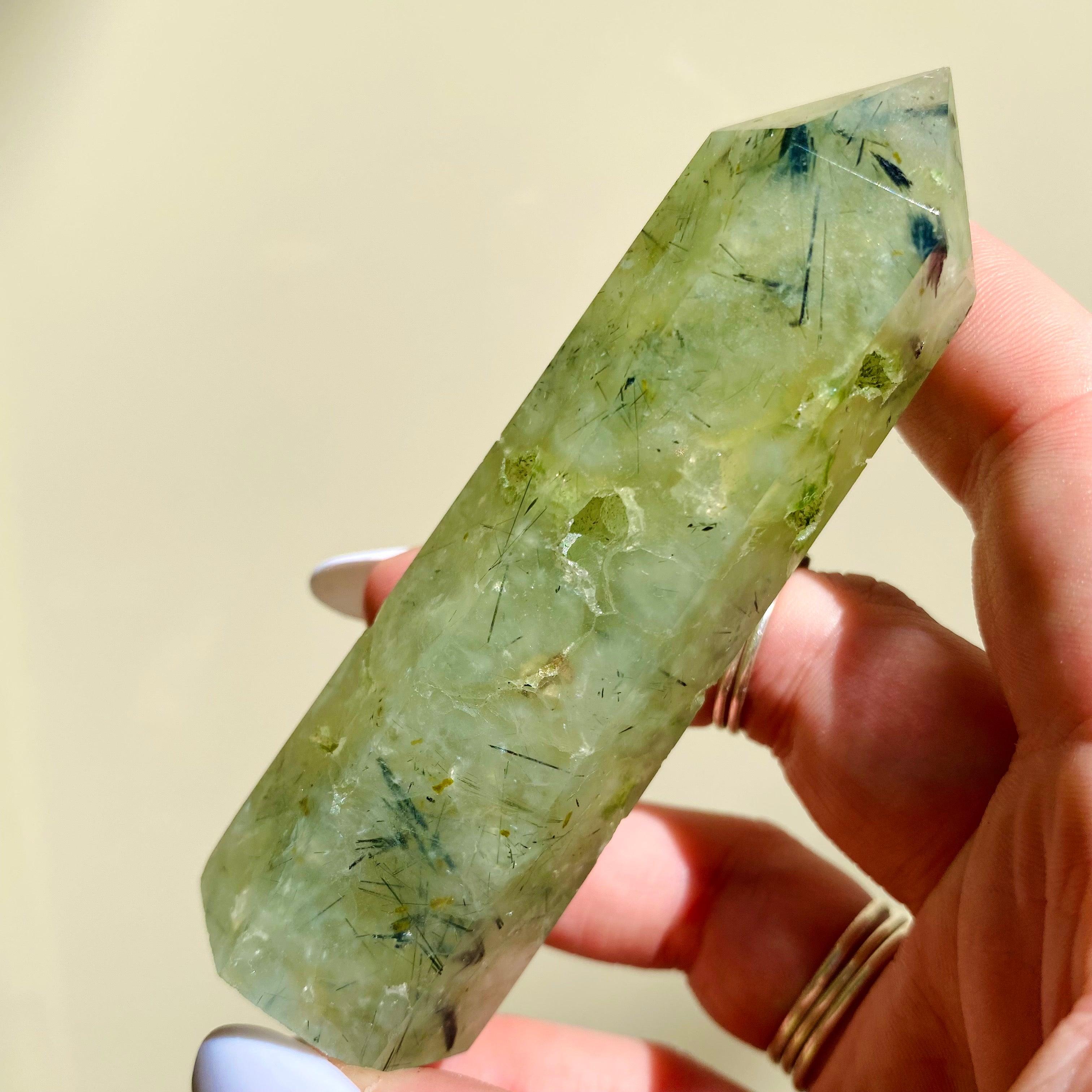 Tourmalinated Prehnite Point - Ruby's Minerals