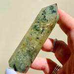 Load image into Gallery viewer, Tourmalinated Prehnite Point - Ruby&#39;s Minerals
