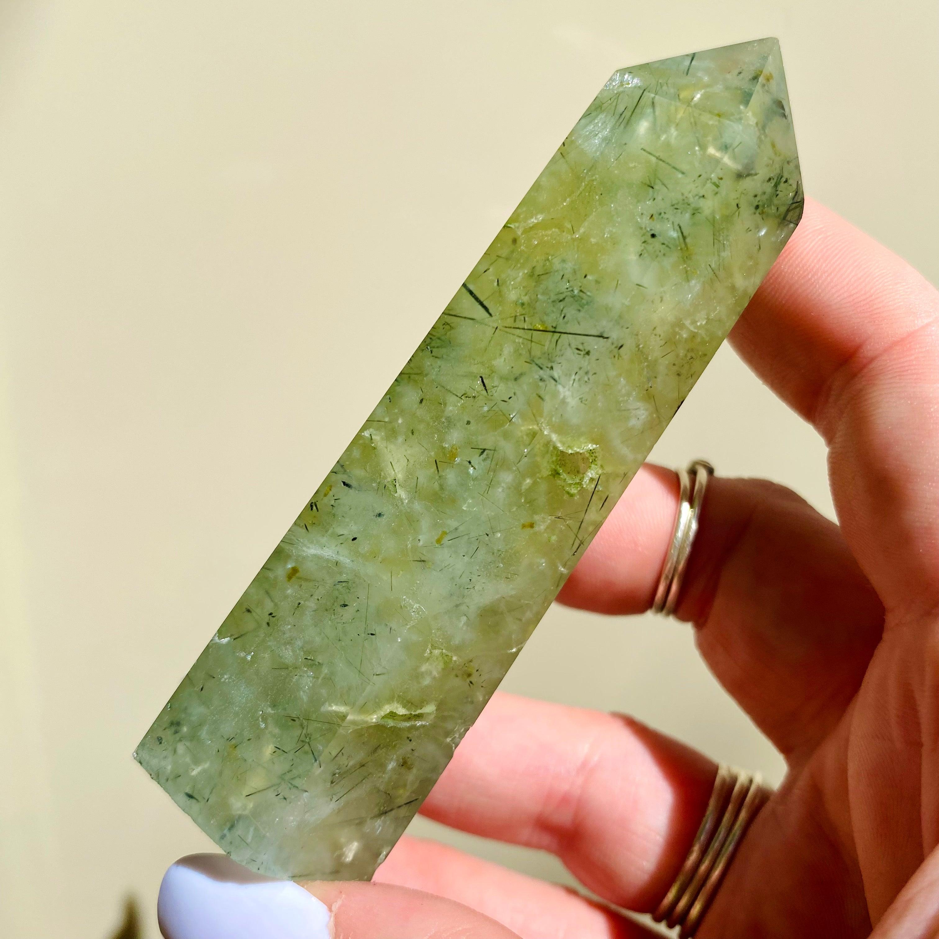 Tourmalinated Prehnite Point - Ruby's Minerals