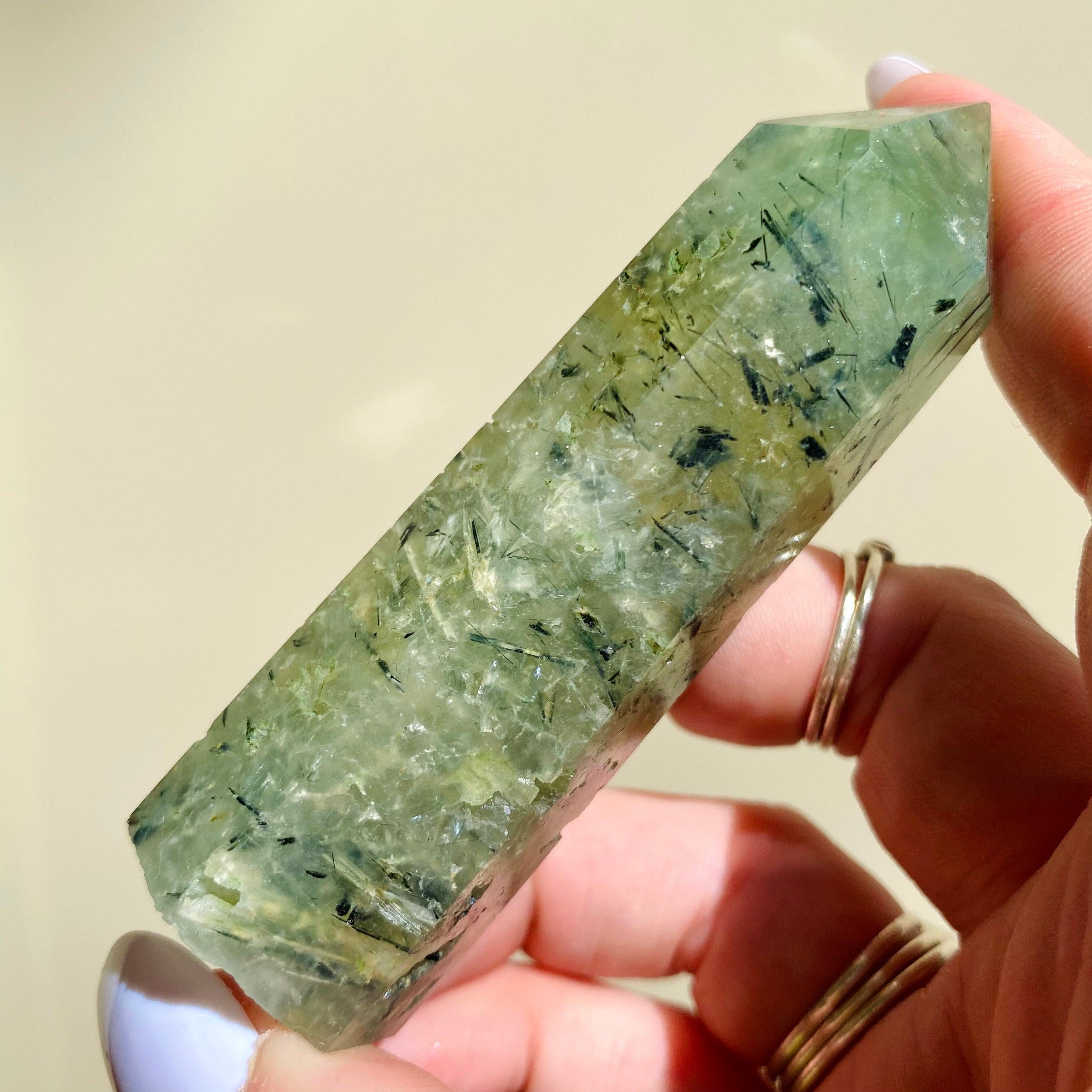 Tourmalinated Prehnite Point - Ruby's Minerals